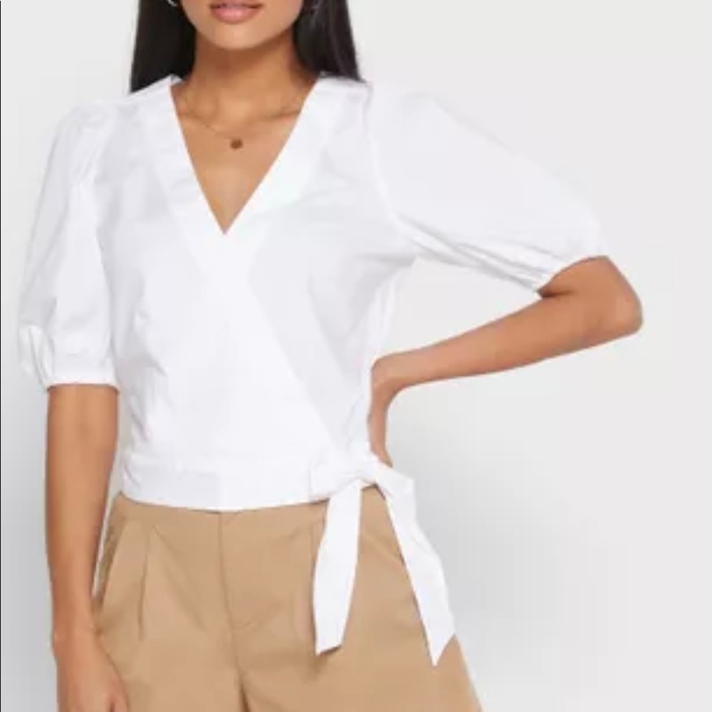 Banana Republic white puff sleeve wrap top